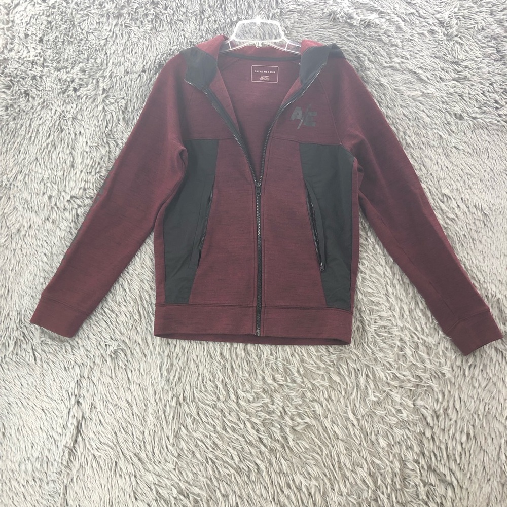 American Eagle Jacket Mens XS Logo Full Zip Pockets Purple Black Hood Hoodie